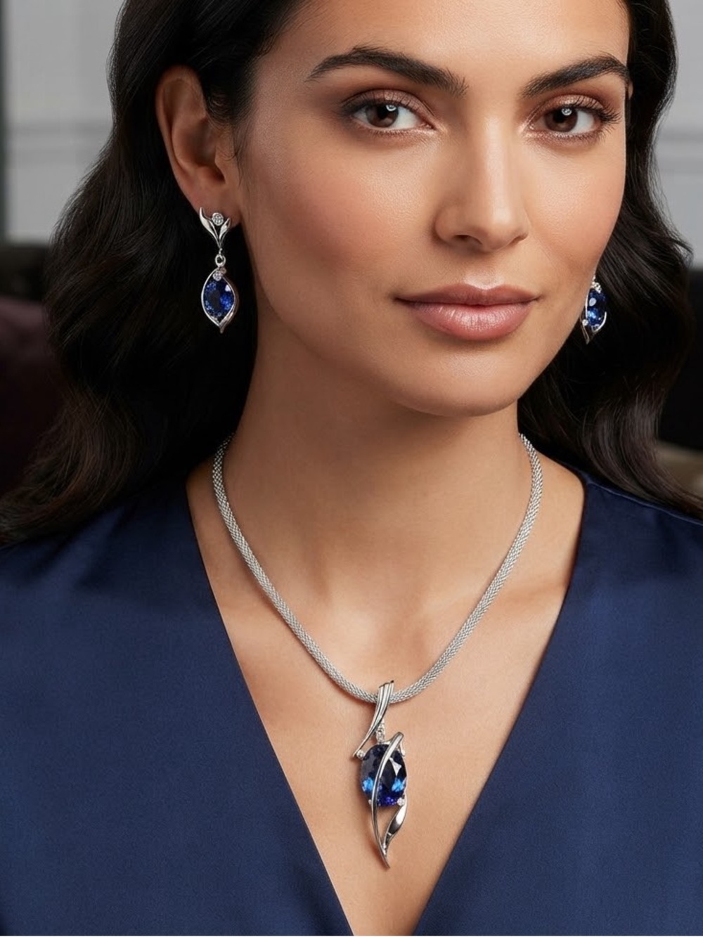 Vintage Blue and Silver Artistic Gemstone Necklace & Earrings